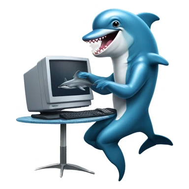 dolphin playing with computer and fighting with shark wearing blue suit sticker
