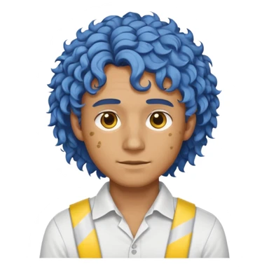 Make me an emoji that has a guy with a white shirt and yellow tape around the shirt with brown and blue spots hair make the hair curly make the yellow tape go around it sticker