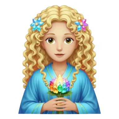 a being made of light pleidian nordic long faces and curly blond hair but beautiful features of light with a robe on made of light and who is lanky holding a bouquet of crystal flowers on rainbow fire sticker