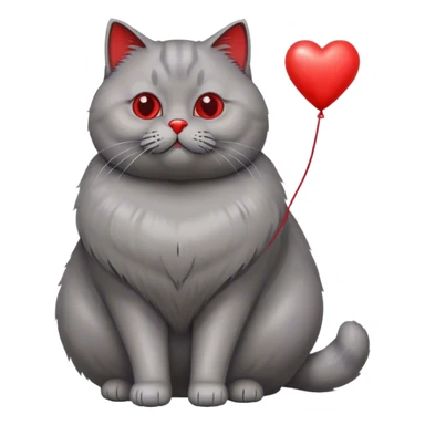 gray fat British cat and red heart metallic baloon sticker