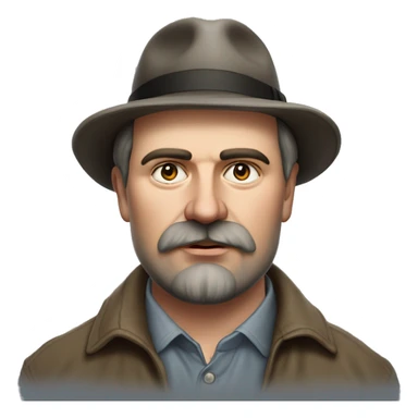 Russian writer Alexander Kuprin Photorealism A plump serious man of Slavic appearance with Small eyes with goatee beard and mustache, with a  short haircut, big detailed face, wrinkled face, wearing a fedora hat sticker