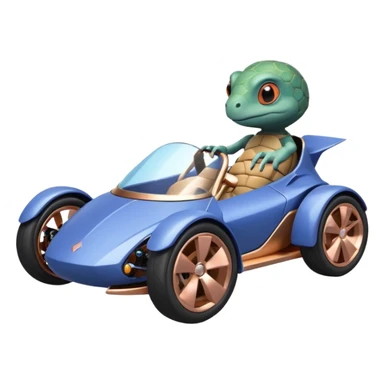 dark crystal blueberry and rosegold-accented cyber faceted-body electric racing car driven by a small cute alien relaxed turtle with rear spoiler, roll bar, and wheely bar sticker