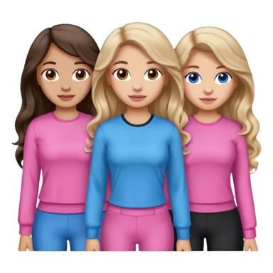 Three women, brown eyed light skin with dark blonde long hair and Brown eyed light skin black long wavy hair and blue eyed light skin long blonde hair wearing cute pink outfits sticker