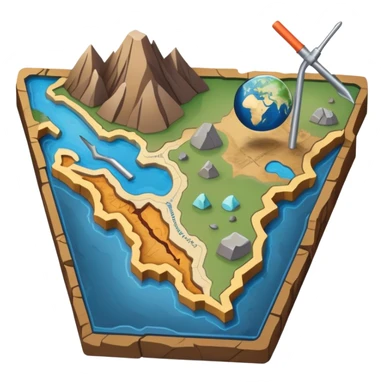 An icon featuring a crowbar and a geological map, and layers of Earth’s crust, symbolizing geology. The design includes mineral samples, fossils, and tectonic plates, representing the study of Earth’s structure and natural processes. Transparent background highlights geological exploration sticker