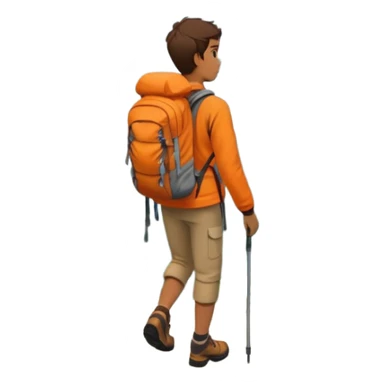 Person hiking through mountains, wearing orange jacket, carrying backpack, scenic landscape sticker