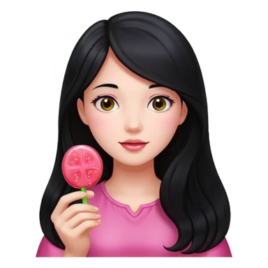 A girl with long black hair holding a piece of guava hard candy sticker