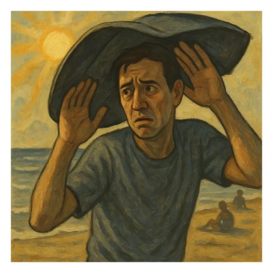 Create a symbolic, semi-realistic outdoor scene (beach or park) featuring a man with expressive, worried body language. The man is raising his hands or using an umbrella or large hat to block natural, warm sunlight. He looks uncomfortable or fearful, as if trying to protect himself from the sun. Use muted colors and an expressive, semi-realistic style symbolizing misunderstanding about sunlight and health. Use the reference image for facial features and general appearance. sticker