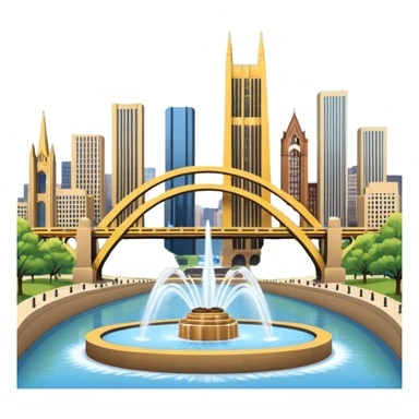cinematic realistic emoji of Pittsburgh with wide city view featuring iconic landmarks Point State Park Fountain PPG Place US Steel Tower famous bridges lifelike detail accurate colors bright daytime lighting no sky no clouds transparent background sticker