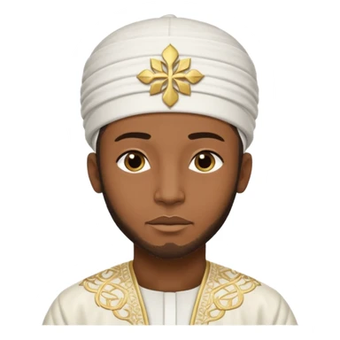 Muslim Black man of West African origin, deep brown skin, dressed in a white bazin riche with embroidery, kufi cap, standing in a warm sunset atmosphere, calm and spiritual look, photo realistic, cinematic lighting, 4K, high detail. sticker