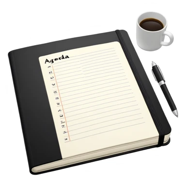 An open black Moleskine notebook with 'AGENDA' written in bold at the top of the page and meeting items with bullet points clearly visible below sticker