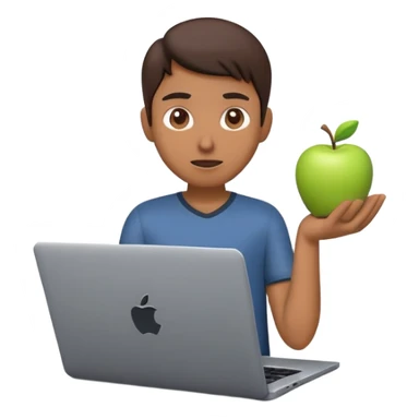 A dark-colored laptop with the screen open. From the screen, a person is emerging, standing or sitting as if giving a lecture or teaching. The person should look expressive and in a teaching pose. Soft shadows, semi-3D Apple emoji style, clean white background. sticker