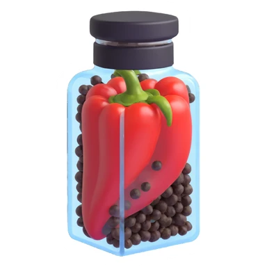 3D emoji style, transparent pepper case (pepper shaker) containing black pepper grains, three-dimensional and realistic look, no background sticker