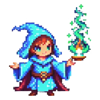 pixel art character casting a magic spell with glowing effects sticker