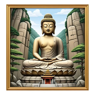 Cinematic Realistic image of the Big Buddha Monument of Sinheungsa Temple, portrayed as a towering, serene Buddha statue carved from weathered stone with intricate details and a gentle meditative expression, set within an ancient temple landscape enveloped in soft, ethereal lighting that underscores its spiritual majesty. sticker