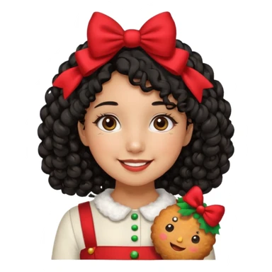 cute girl tan skin, curly black hair chin length, middle part, long eyelashes, cute cheeks, 5'2, outfit croquette style with bows and christmas theme, smiling,  no bangs sticker