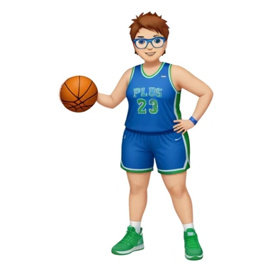 Full Body plus size white female basketball player with short medium brown hair with carmel highlights spikey hair wearing blue glasses 
 wide nose wearing blue green uniform  green sneakers smiling  sticker