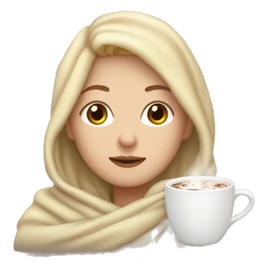 White girl with blonde hair wrapped in a blanket over a cup of hot chocolate sticker