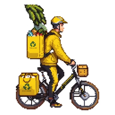 A courier on a yellow electric bike, wearing yellow and black clothes rides from left to right. On his back is a yellow food delivery bag. sticker