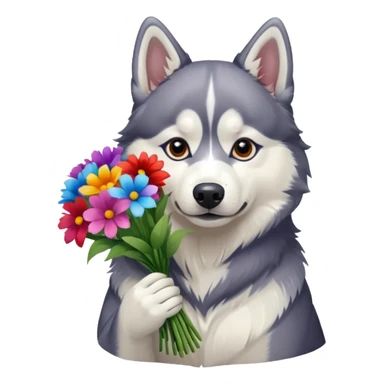 siberian husky dog holding flowers sticker