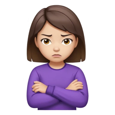 Angry Pouty girl with small asian eyes folding arms in a purple longsleeve shirt she has fair skin and medium length brown hair with highlights sticker