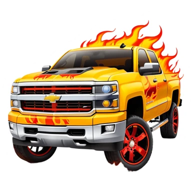 Bright yellow Chevrolet Silverado with professionally airbrushed red flame artwork with orange highlights, custom paint job like in Kill Bill, 30-degree angle showing detailed flames, iOS emoji style sticker