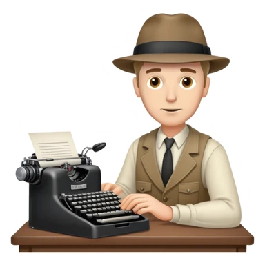 white man journalist typing on a vintage typewriter, press badge on hat sticker