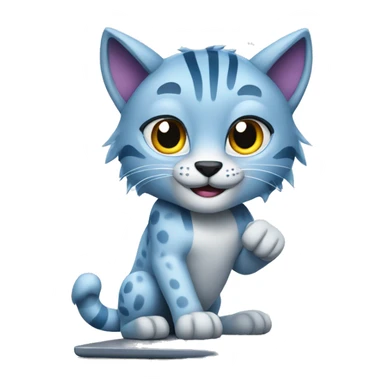 A blue lynx with a laptop sticker