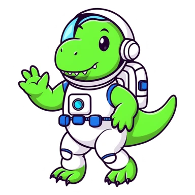 cartoon sticker of a t-rex astronaut waving, stars in background sticker