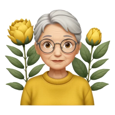 Abuela con arrugas, cabello canoso blanco en moño, expresión tierna, gafas redondas, suéter amarillo y detalles relacionados con plantas. Estilo amable y acogedor. sticker