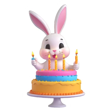 rabbit blowing out birthday cake candles, 3D emoji style sticker