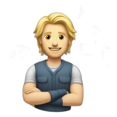 Blond man architect, with mid long blond hair, posing next to a eooden house sticker