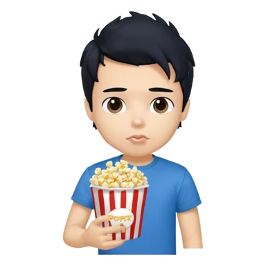 generate a pretty fair bratz boy with a blue tshirt on. eating popcorn. messy black hair sticker