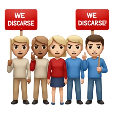 a crowd of people with angry faces and holding placards that read: we disagree sticker