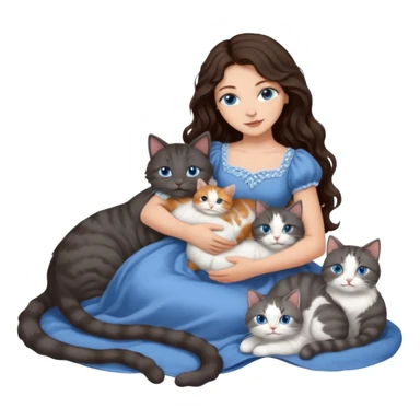 detailed realistic looking a dark grey and white cat regally laying with six other cats, cuddling with their owner in bed who is a pretty bratz lightly tanned white girl with long dark brown hair, blue eyes and gorgeous long wavy hair wearing a pretty detailed dress sticker
