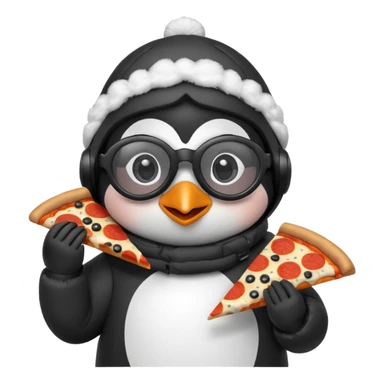 cute penguin eating pizza, skiing glasses on top of head, wearing a puffy coat sticker