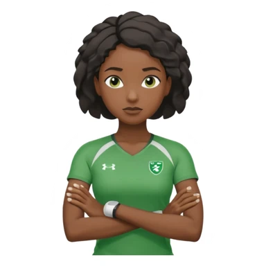 A calm black female coach with folded arms, analyzing the game with sharp focus, green clothes sticker