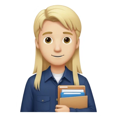 Guy with long straight blonde hair and navy button up holding a school packet sticker