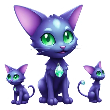 Shiny, Sparkly, Black Dark-type-Fairy-Type-Psychic-Ice-type-Fakémon-Cat Purple eyes, green gem, full body sticker