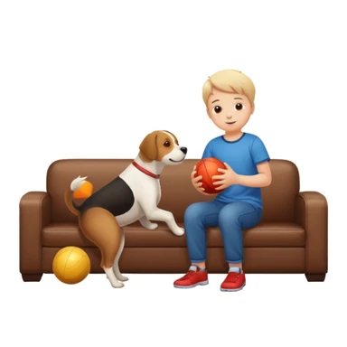kid and dog playing with ball, living room background sticker
