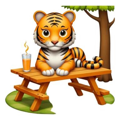 Tiger sitting on picnic table wearing engagement ring sticker