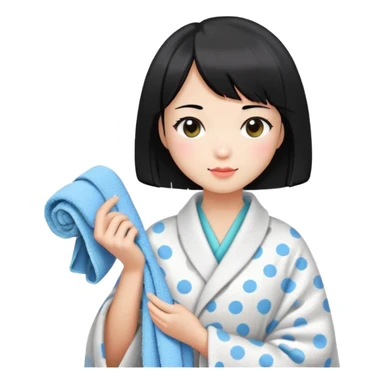 girl with black bob-cut hair, dotted coat, Chinese appearance, holding a towel, looking like a masseuse sticker