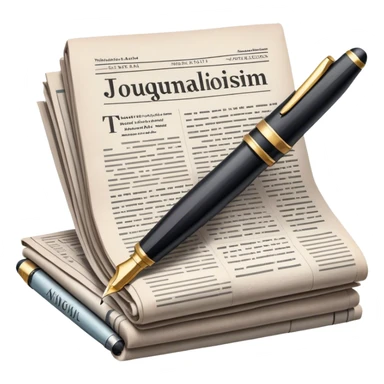 Create an emoji representing journalism and publicistic writing. The design should feature an open newspaper or a stack of articles with visible text columns, symbolizing opinion pieces and analysis. A classic fountain pen or ballpoint pen should be placed near the papers, indicating the act of writing. Optionally, include a small microphone or a press badge to emphasize investigative and journalistic aspects. Use neutral and professional colors like black, white, and muted blue or red. Do not include any emojis or smiley faces. Make the background transparent. sticker