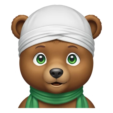 Cool brown bear with confident expression and green eyes wearing a crisp white durag with the ties showing, iOS emoji style sticker