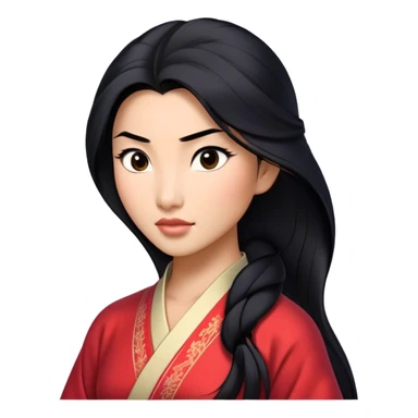 Cinematic Realistic Mulan Portrait, depicted with lifelike skin texture, soft natural lighting, and intricately detailed long black hair styled elegantly. Her deep, expressive eyes exude determination and grace, complemented by a serene yet confident expression. She is dressed in her classic attire, with rich fabric textures and delicate folds that catch the light beautifully. The portrait features a soft, enchanting glow with a natural, radiant finish, capturing the essence of timeless strength and beauty in a realistic and painterly style, evoking a sense of depth and authenticity. sticker