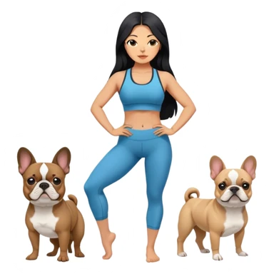 latin woman in a yoga outfit with long black hair standing alongside two French bulldogs emoji
 sticker