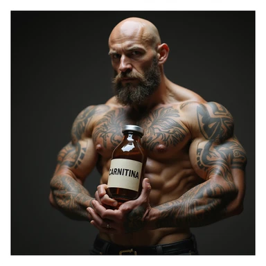bodybuilder with tattoos, hyperrealistic, holding a vial with a label 'CARNITINA' in large block letters, 4k quality sticker