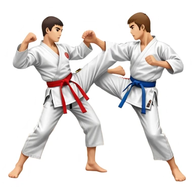 Two karate fighters in traditional gi sparring. One executes a high kick aimed at the opponent’s head, while the other blocks with a strong hand defense. The background features a classic dojo with wooden flooring and banners. Dynamic motion and focused expressions. Transparent background. sticker