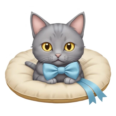 A grey cat with yellow eyes and a light blue bow sits on a beige pillow



 sticker