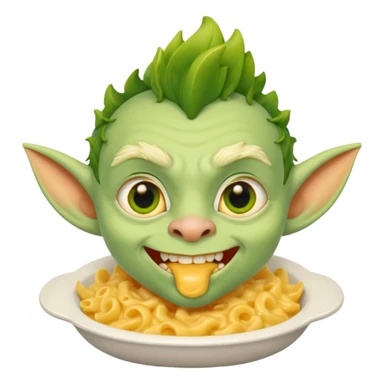 cheddar goblin, green ears, green skin, underbite, mac and cheese in mouth, yellow eyes, narrow nose sticker
