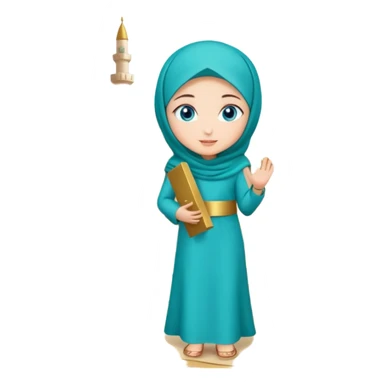 Turkish beautiful finish Konya girl blue eyes with gold hijab and islamic long tailed turquoise dress on the ground at her home garden and had on her hand text Eid Mubarak  sticker